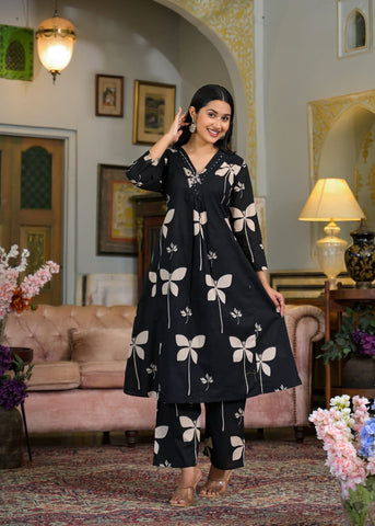 Cotton Printed A-Line Kurti Set with Embroidered V-Neck & Pocket