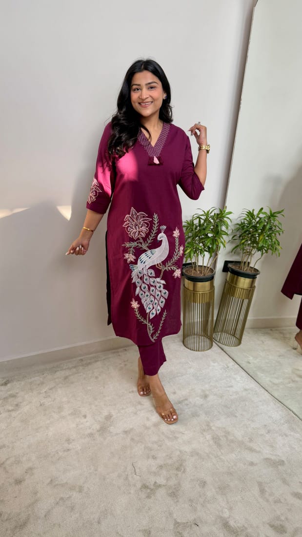 Elegant Maroon Embroidered Kurti Set with Peacock Motif