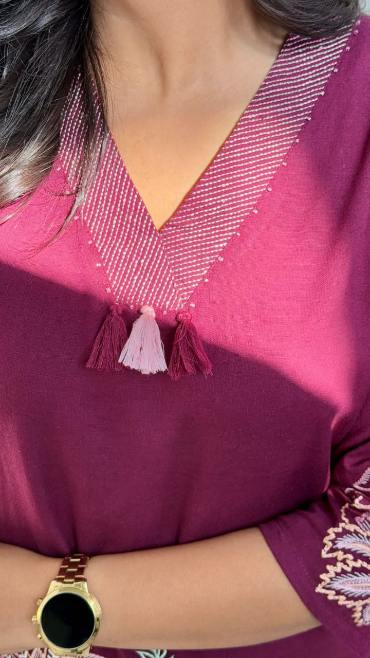 Elegant Maroon Embroidered Kurti Set with Peacock Motif