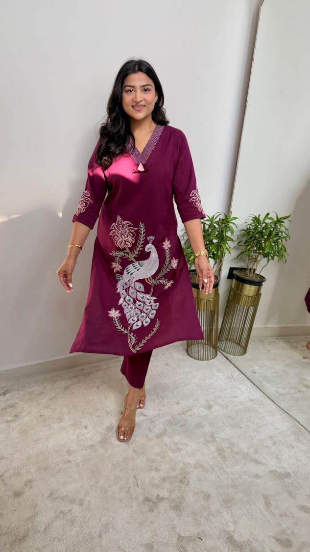 Elegant Maroon Embroidered Kurti Set with Peacock Motif