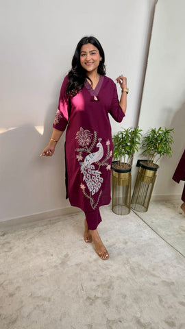 Elegant Maroon Embroidered Kurti Set with Peacock Motif