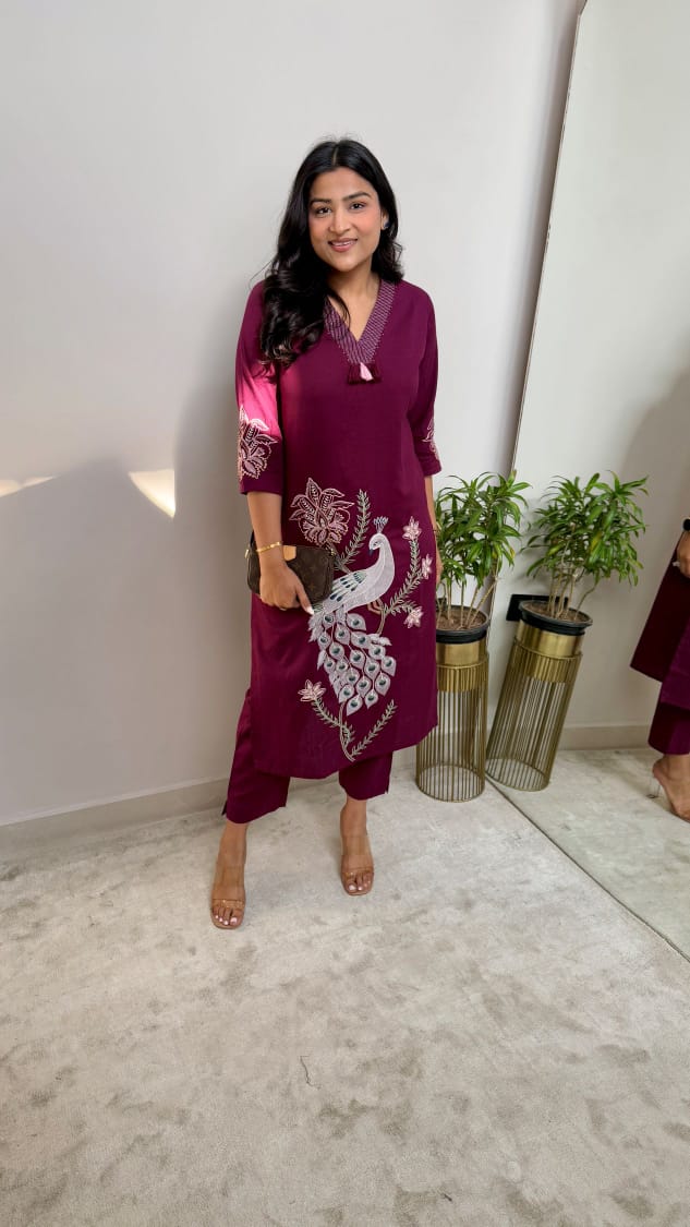 Elegant Maroon Embroidered Kurti Set with Peacock Motif