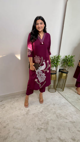 Elegant Maroon Embroidered Kurti Set with Peacock Motif