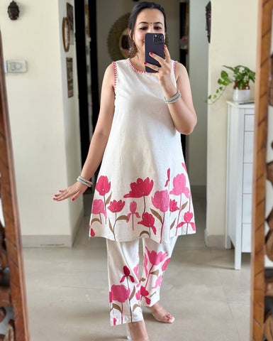 Pink Bloom Sleeveless Cotton Co-Ord Set