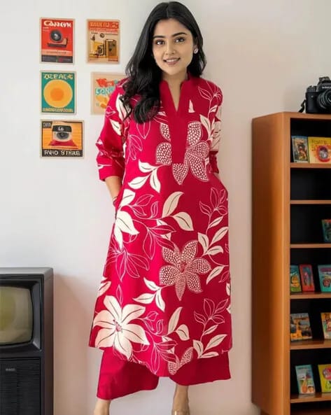 Red Floral Printed Cotton Kurta and Pant Set