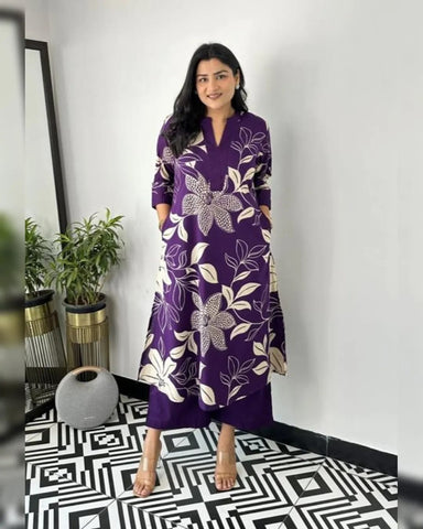 Purple Floral Printed Cotton Kurta and Pant Set