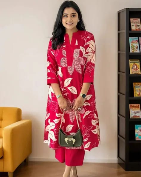 Red Floral Printed Cotton Kurta and Pant Set