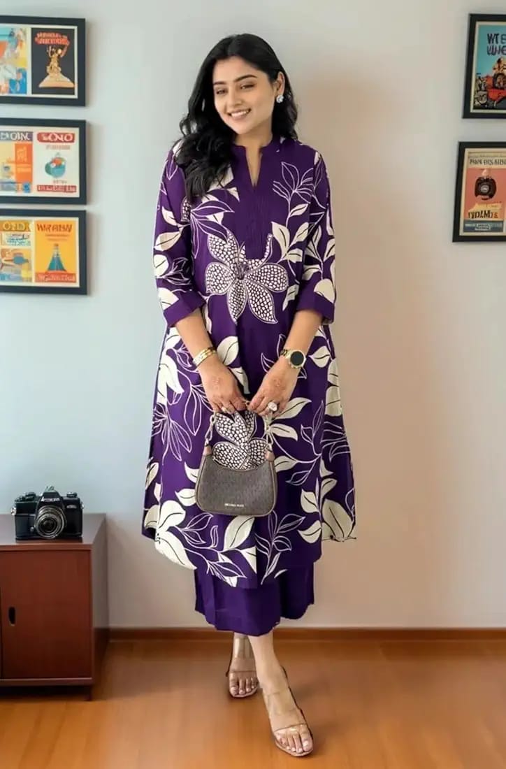 Purple Floral Printed Cotton Kurta and Pant Set