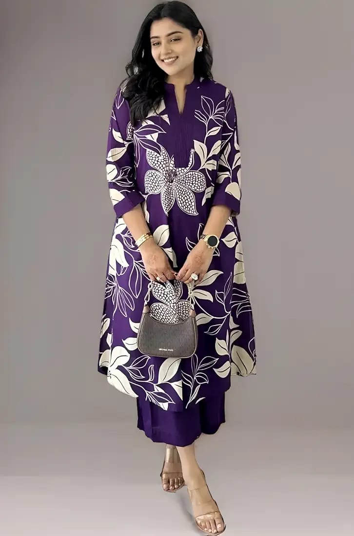 Purple Floral Printed Cotton Kurta and Pant Set
