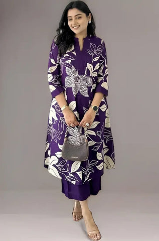 Purple Floral Printed Cotton Kurta and Pant Set