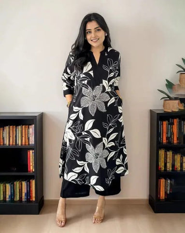 Black Floral Printed Cotton Kurta and Pant Set