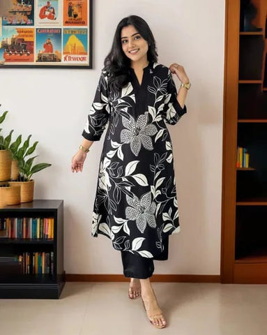 Black Floral Printed Cotton Kurta and Pant Set