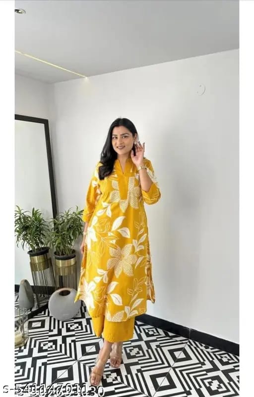 Yellow Floral Printed Cotton Kurta and Pant Set