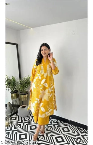 Yellow Floral Printed Cotton Kurta and Pant Set