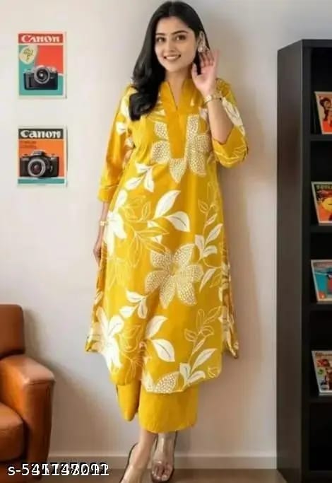 Yellow Floral Printed Cotton Kurta and Pant Set