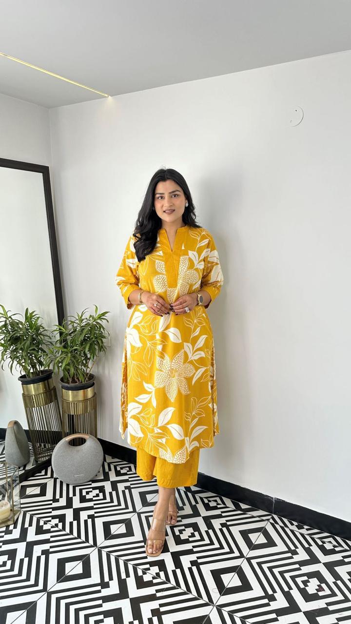 Yellow Floral Printed Cotton Kurta and Pant Set