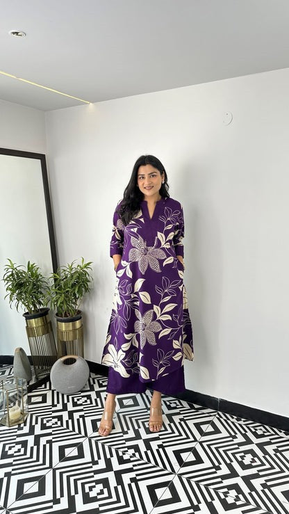Purple Floral Printed Cotton Kurta and Pant Set