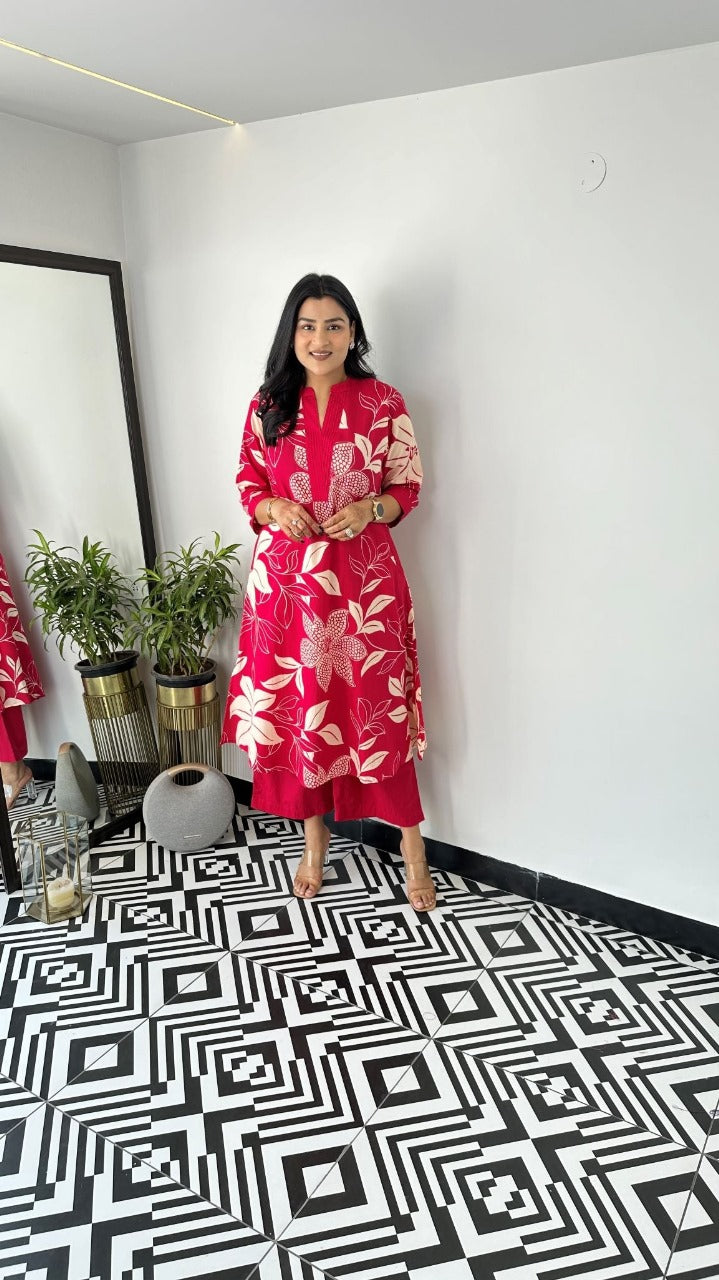 Red Floral Printed Cotton Kurta and Pant Set