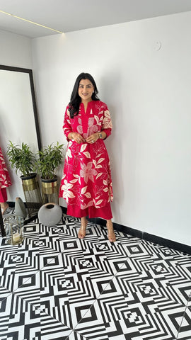 Red Floral Printed Cotton Kurta and Pant Set