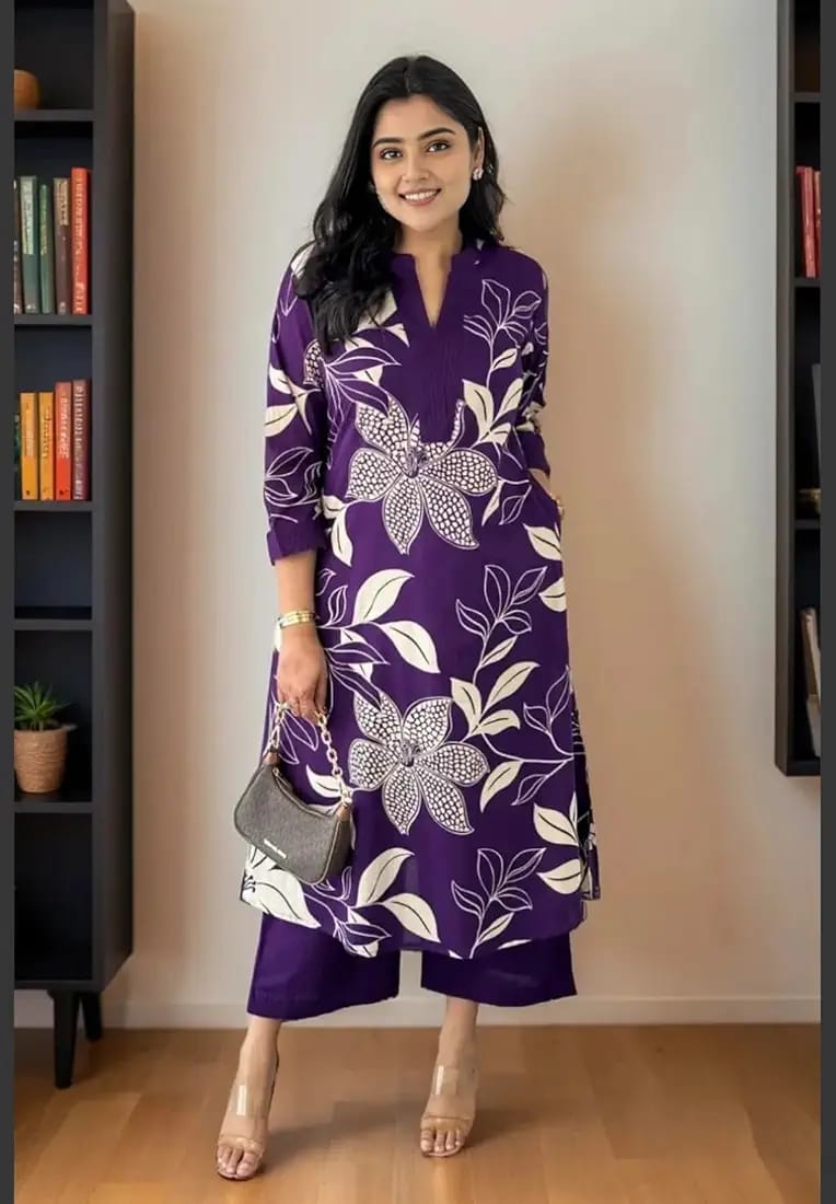 Purple Floral Printed Cotton Kurta and Pant Set