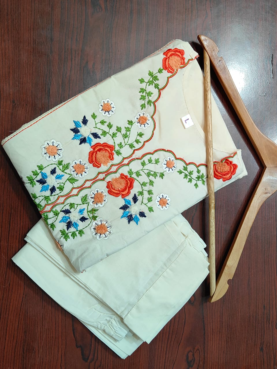 Off White Embroidered Cotton Kurta and Pant Set