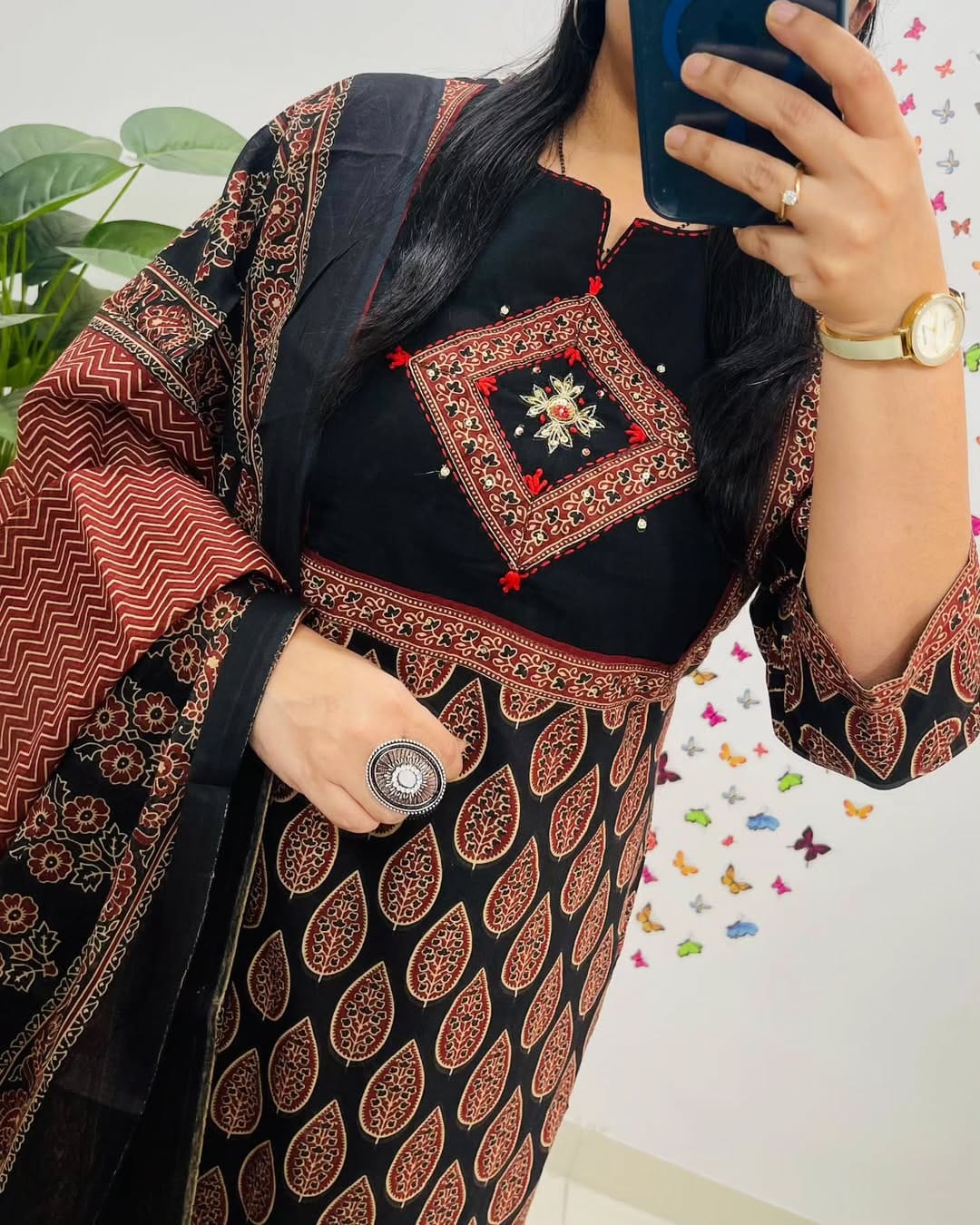 Mughal/Kalamkari Fusion Azrak bagru print kurti pant dupatta set