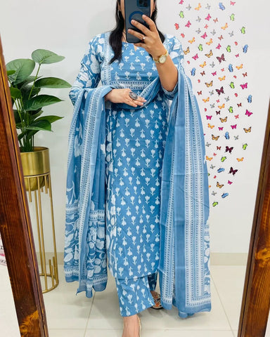 Ice Blue Designer Azrak Cotton Suit