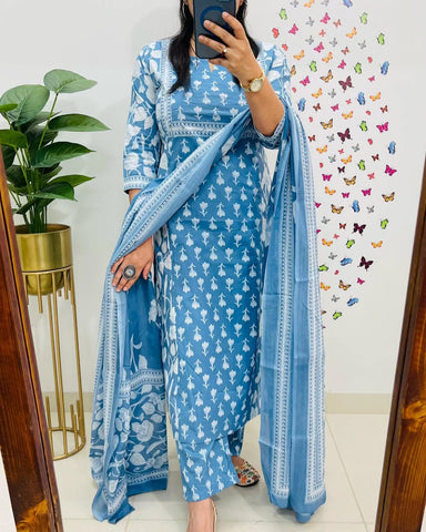 Ice Blue Designer Azrak Cotton Suit