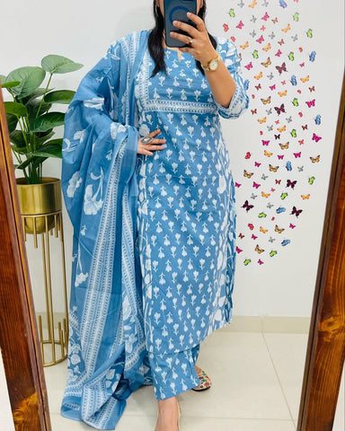 Ice Blue Designer Azrak Cotton Suit