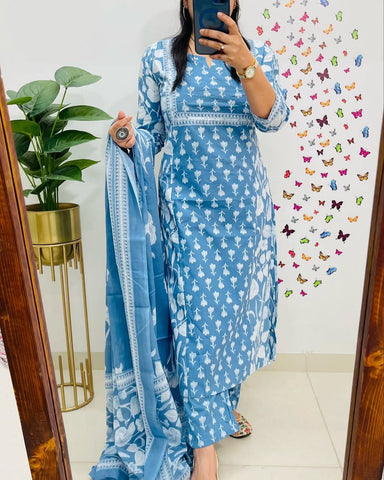 Ice Blue Designer Azrak Cotton Suit
