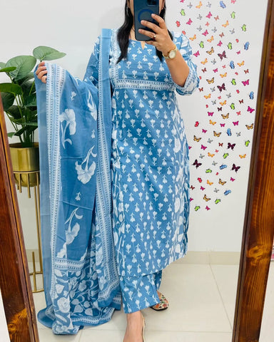 Ice Blue Designer Azrak Cotton Suit