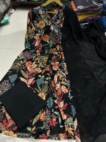 Elegant Black Floral Anarkali Cotton Suit with Sheer Dupatta