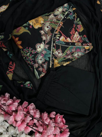 Elegant Black Floral Anarkali Cotton Suit with Sheer Dupatta