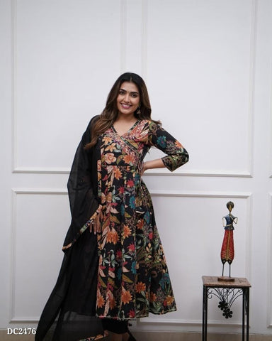 Elegant Black Floral Anarkali Cotton Suit with Sheer Dupatta
