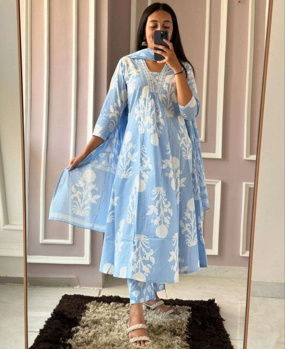 Blue Soft Cotton Anarkali Kurta Set