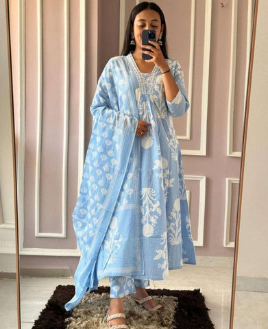 Blue Soft Cotton Anarkali Kurta Set