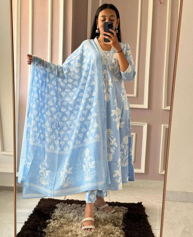 Blue Soft Cotton Anarkali Kurta Set