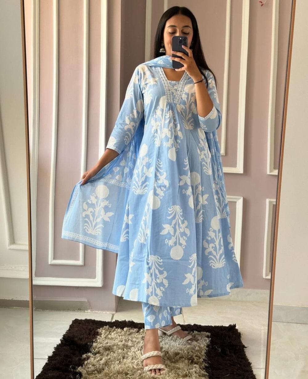 Blue Soft Cotton Anarkali Kurta Set