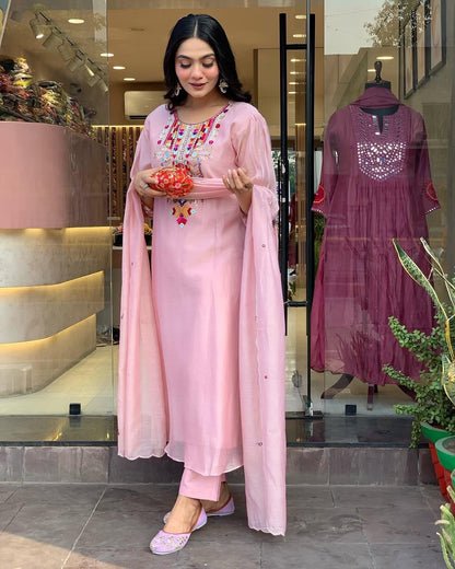 EKRIA Blush Pink Cotton Embroidered Suit Set - EKRIA