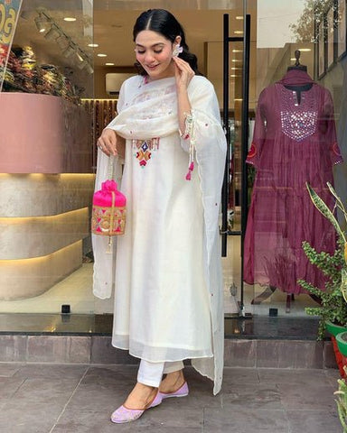 EKRIA Ivory Elegance Cotton Embroidered Suit Set - EKRIA