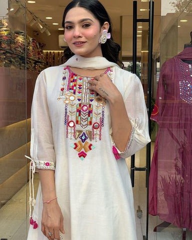 EKRIA Ivory Elegance Cotton Embroidered Suit Set - EKRIA