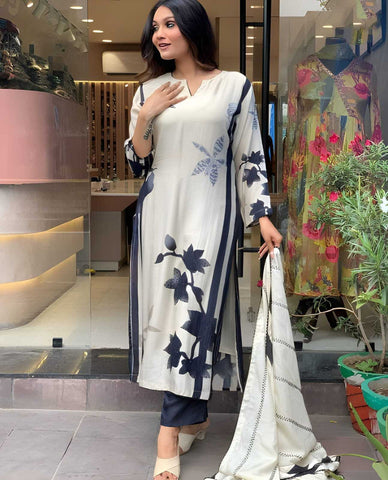 Ivory-Black Floral Print Straight Suit Set