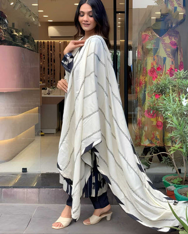 Ivory-Black Floral Print Straight Suit Set