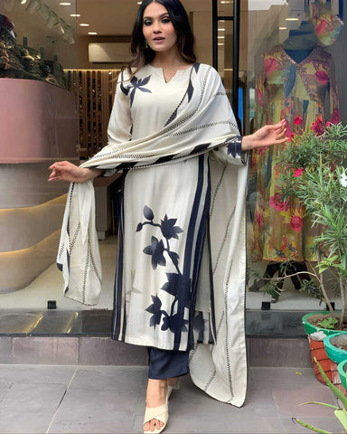 Ivory-Black Floral Print Straight Suit Set
